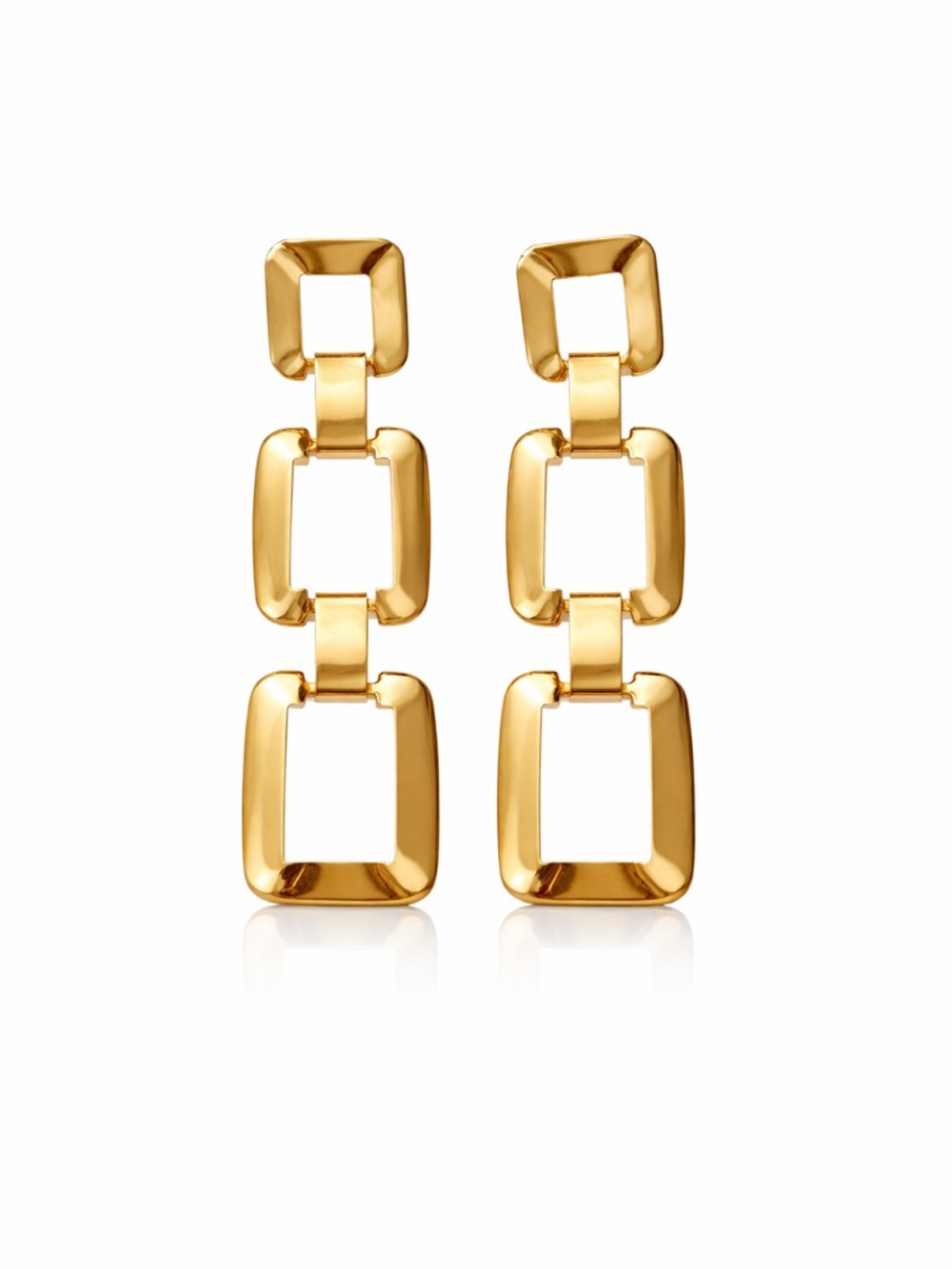 Gold Triple Link Geometric Drop Earrings Statement 2.75”